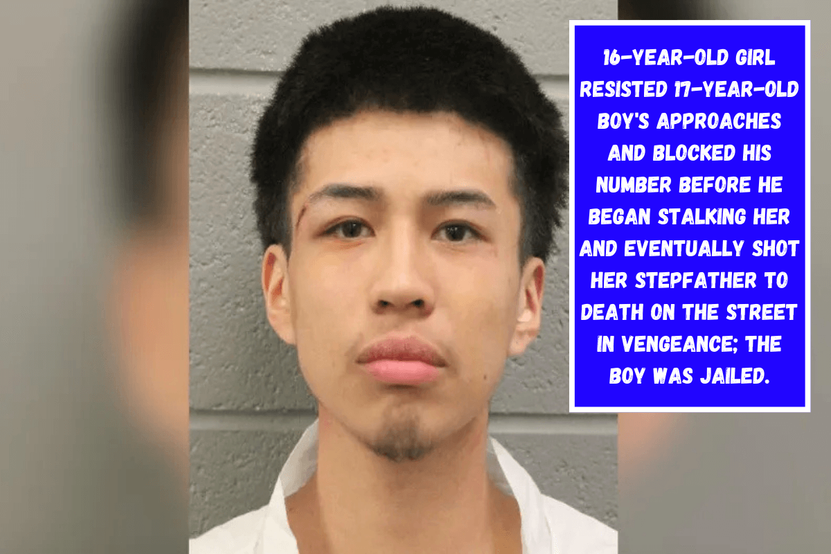 16-year-old girl resisted 17-year-old boy's approaches and blocked his number before he began stalking her and eventually shot her stepfather to death on the street in vengeance; the boy was jailed