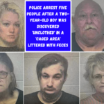 Police arrest five people after a two-year-old boy was discovered 'unclothed' in a 'caged area' littered with feces