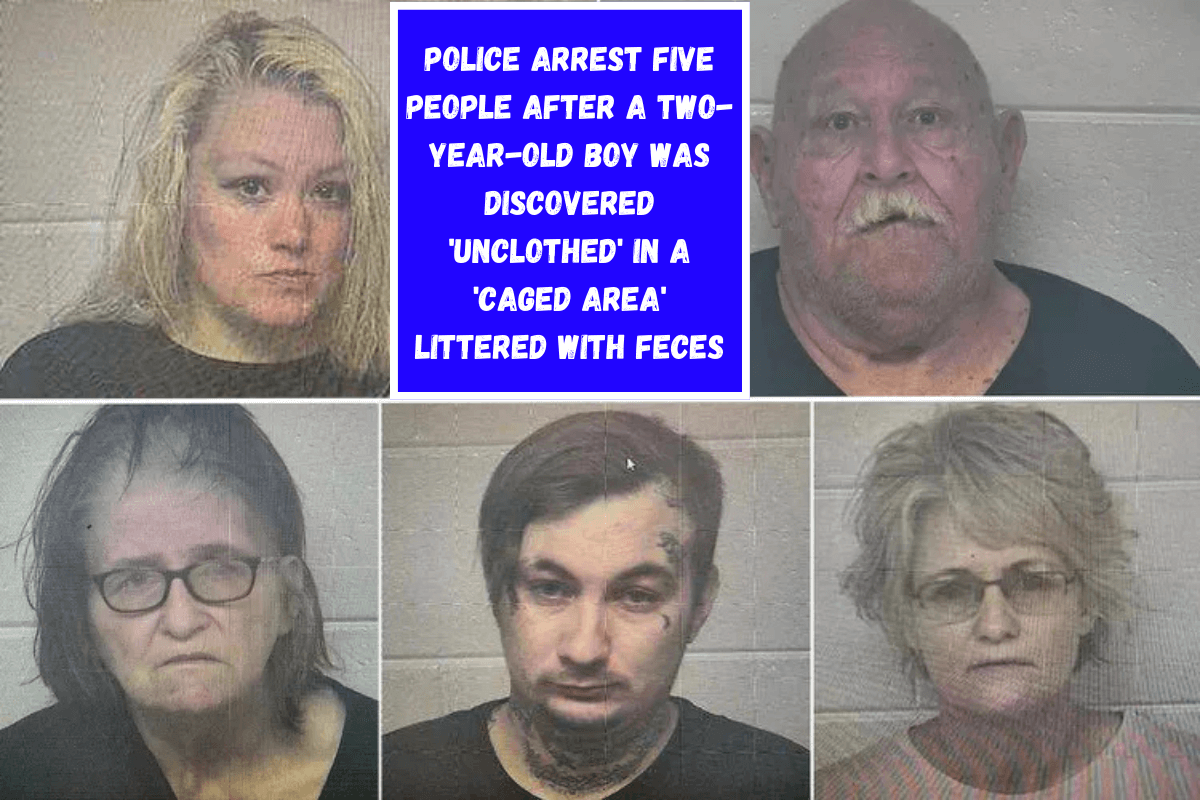 Police arrest five people after a two-year-old boy was discovered 'unclothed' in a 'caged area' littered with feces