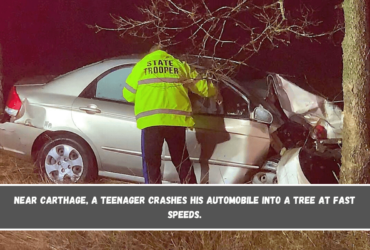 Near Carthage, a teenager crashes his automobile into a tree at fast speeds.